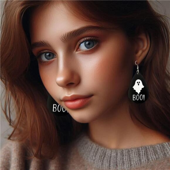 BOO Ghost Cute Halloween Earrings for Women Leather Horror Dangle Outfits - Picture 2 of 7